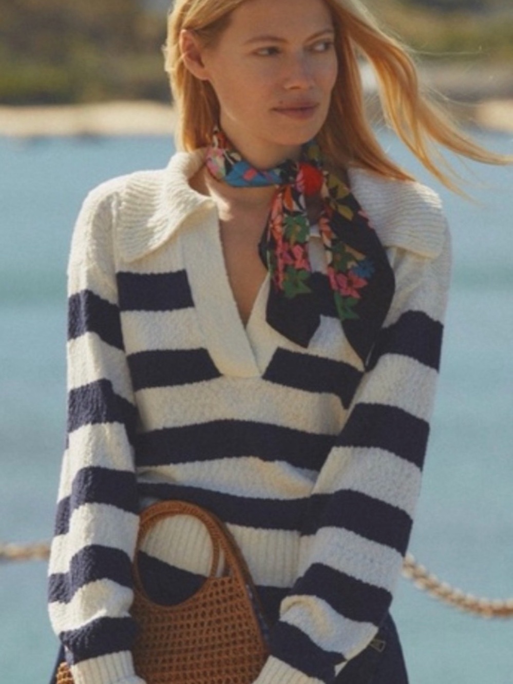 Anthropologie Navy and Cream Striped V-Neck Sweater